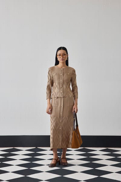 Beige Pleated Top and Midi Skirt Co-ord Set