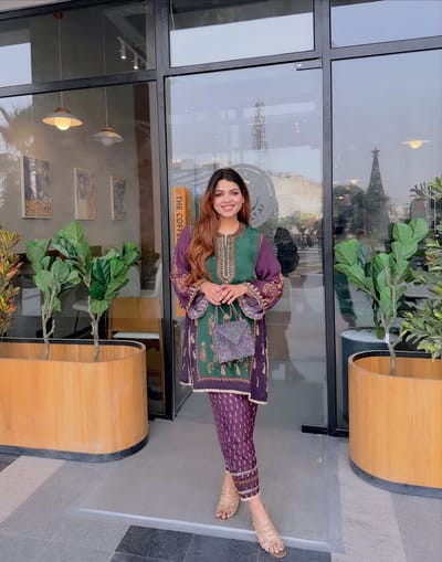 Purple and Green Colorblock Kurta Pant Co-ord Set