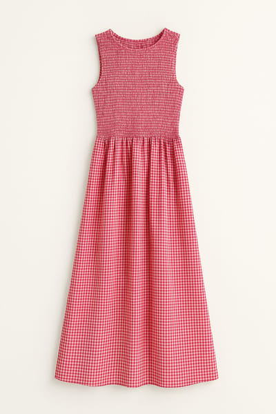 Red Gingham Smocked Bodice Maxi Dress