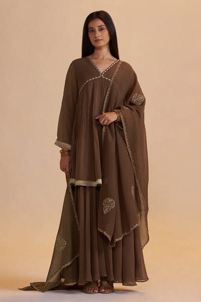 Husk Brown Georgette A-Line Sharara Kurta Set
