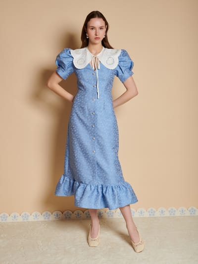 Blue Textured Midi Dress with Statement Collar