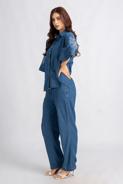 Blue Denim Embroidered Shirt and Pants Co-ord Set