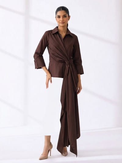 Brown Cotton Poplin Draped Wrap Shirt