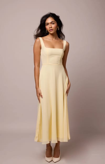 Butter Yellow Square Neck Fit and Flare Midi Dress