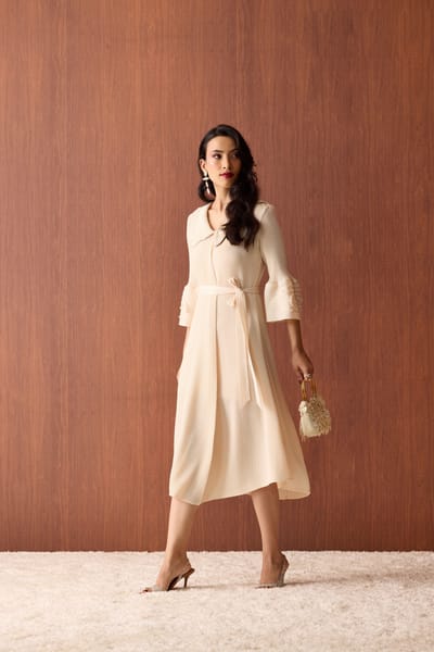 Apricot Cream Pleated A-Line Midi Dress With Pearl Collar