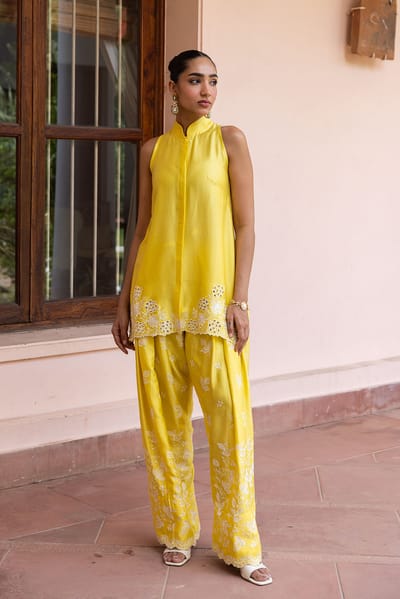 Yellow Cutwork Embroidered Tunic and Farshi Pants Co-ord Set