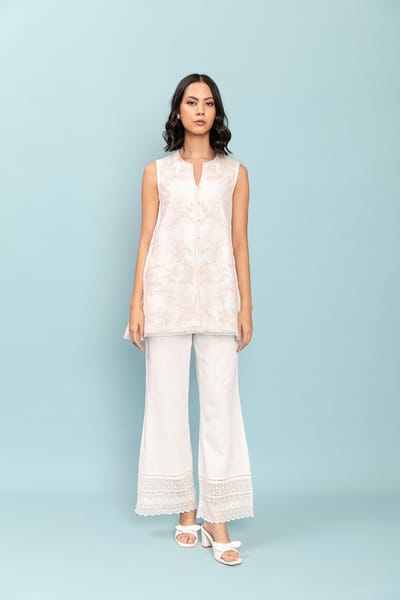 Ivory A-Line Sleeveless Tunic Set with Tonal Embroidery