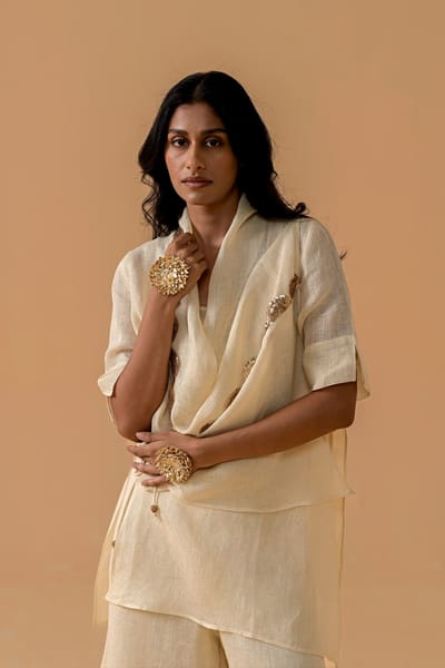 Cream Gauze Linen Cape and Palazzo Co-ord Set