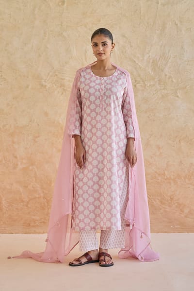 Pink/White Printed Straight Kurta Set with Dupatta