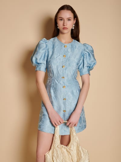 Blue Floral Jacquard Puff Sleeve Mini Dress