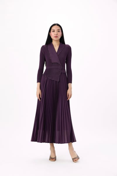 Aubergine Wrap Midi Dress with Pleated Skirt