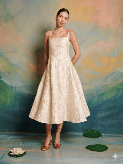 Butter Yellow Jacquard Embellished Fit and Flare Midi Dress