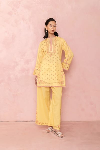 Yellow Floral Printed Straight Kurta Set With Dupatta
