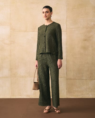 Military Green Textured Co-ord Set with Wide-Leg Pants