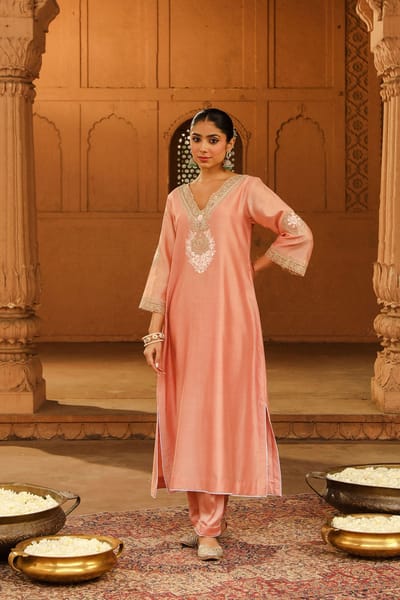 Off Rose Long Embroidered Choga Kurta Set with Salwar