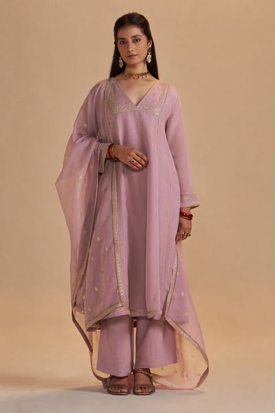 Orchid Smoke Zari Checks A-Line Kurta Set with Dupatta