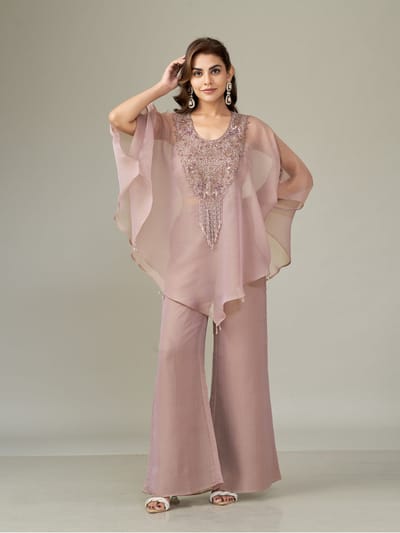 Dusty Mauve Cape Top and Wide-Leg Pants Co-ord Set