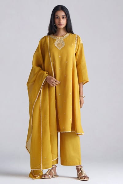 Mango Yellow A-Line Embroidered Kurta Set with Dupatta