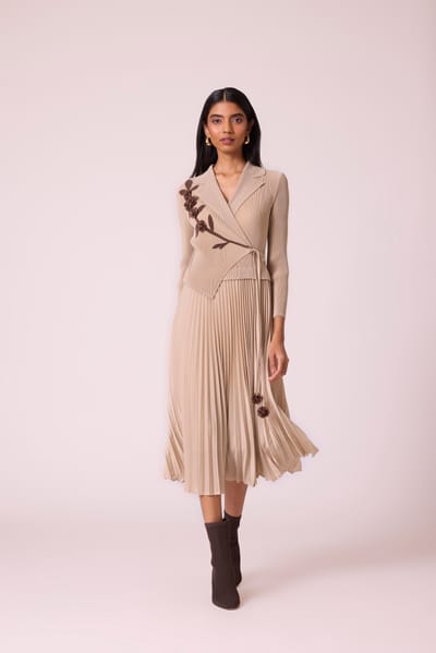 Sand Beige Wrap Midi Dress with Pleated Skirt