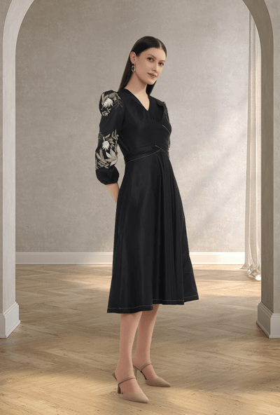 Black Fit and Flare Midi Dress with Embroidered Sleeves