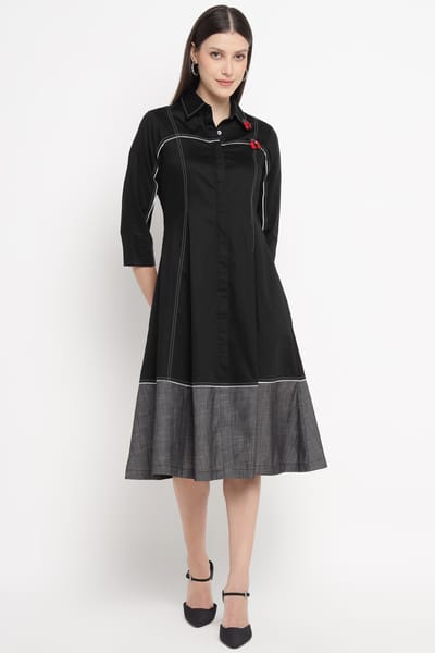 Black A-Line Midi Shirt Dress with Grey Colorblock Hem