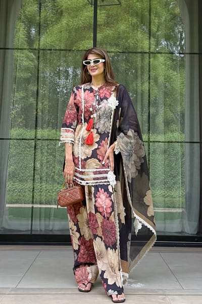 Black Floral Cotton Lawn Kurta Set with Lace Trim
