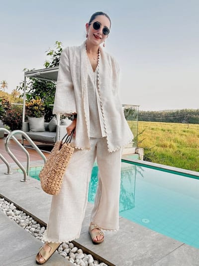 Ivory Linen 3-Piece Co-ord Set with Cape Jacket