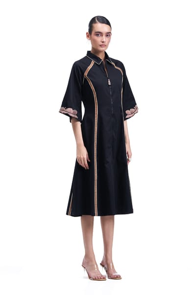 Black Cotton Satin Zip-Front Fit and Flare Midi Dress