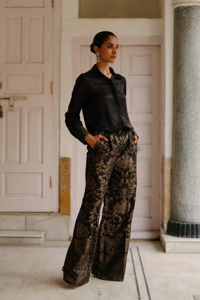 Black Modal Shirt and Brocade Wide-Leg Pants Co-ord Set