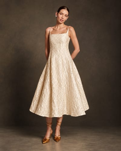 Butter Yellow Jacquard Embellished Fit and Flare Midi Dress