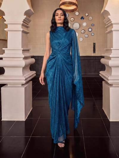 Blue Metallic Pleated Draped Maxi Gown