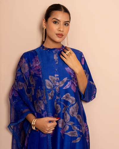 Blueberry Blue Digital Print Chanderi Suit Set