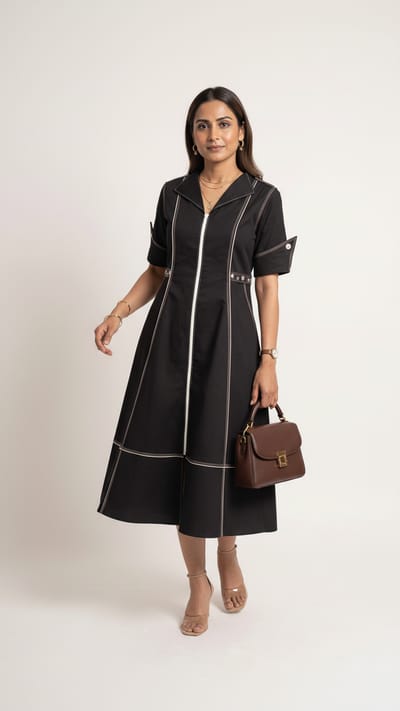 Black Zip-Front Fit and Flare Midi Dress