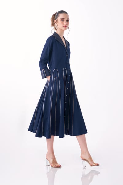 Navy Cotton Satin Fit and Flare Midi Shirt Dress