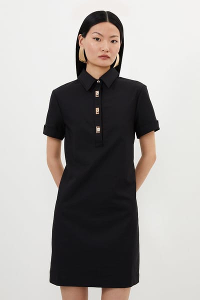 Black Knee-Length Shirt Dress with Metal Button Placket