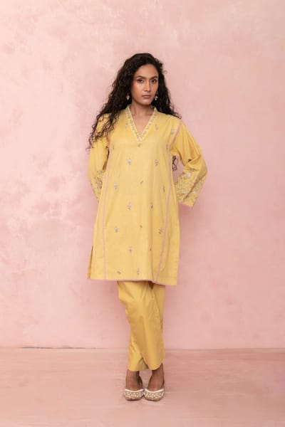 Mustard Embroidered Kurta and Pant Co-ord Set