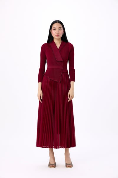 Maroon Wrap Maxi Dress with Lapel Collar and Pleated Skirt