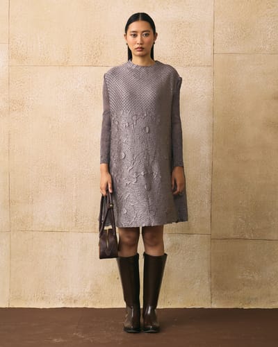 Grey Textured A-Line Knee-Length Dress