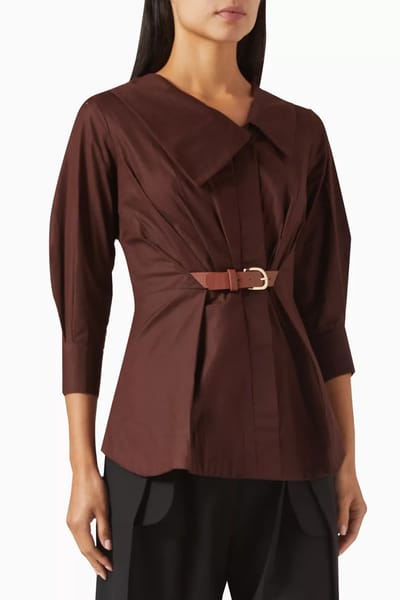 Brown Cotton Poplin Deconstructed Belted Shirt