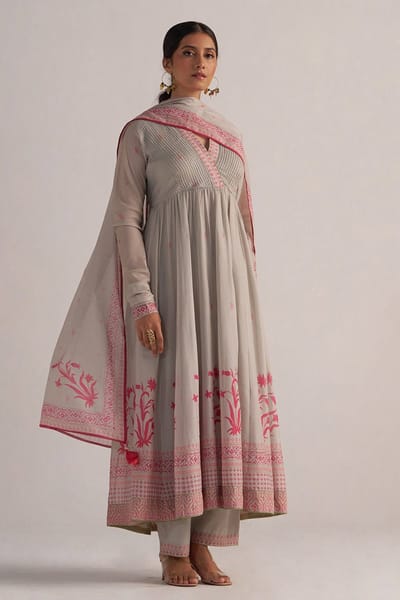 Grey Mul Cotton Printed Anarkali Kurta Set with Dupatta