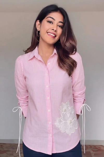 Pink and White Pinstripe Shirt with Floral Appliqué