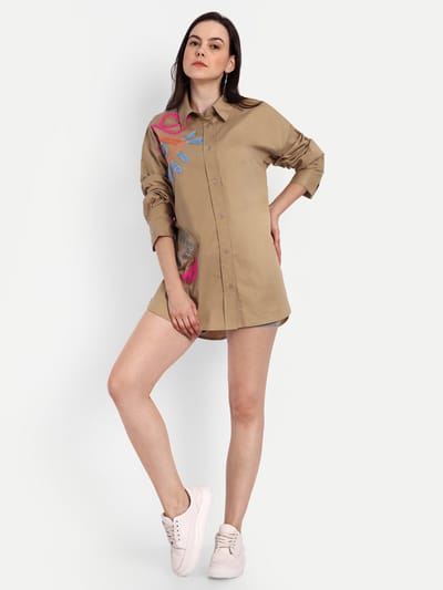 Coffee Brown Oversized Embroidered Longline Shirt