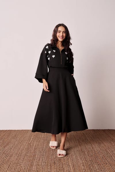 Black Heart Print Top and Midi Skirt Co-ord Set