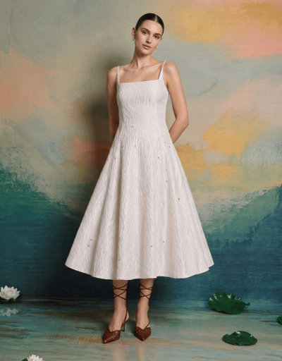 Ivory Embellished Jacquard Fit and Flare Midi Dress