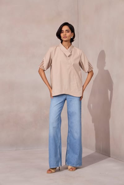 Ginger Beige A-Line Poplin Shirt with Mesh Inlay Sleeves