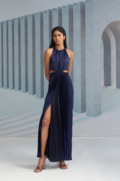 Blue Halter-Neck Pleated Maxi Gown with Waist Cut-Outs