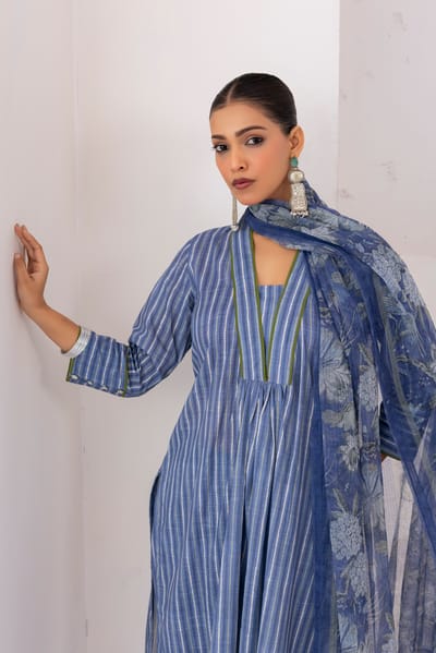 Blue Striped Cotton Slub Kurta Set with Dupatta