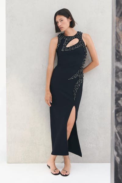 Black Beaded Bodycon Midi Dress with Keyhole Cut-Out
