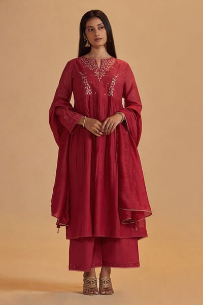 Rich Red Chanderi Silk Embroidered Flared Kurta Set