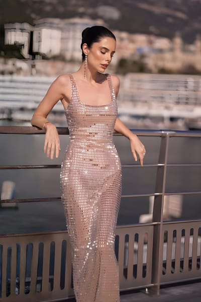 Nude Metallic Grid Embellished Bodycon Midi Dress